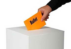 Voter puts ballot in ballot box.