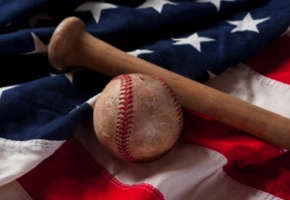 baseball, bat and american flag