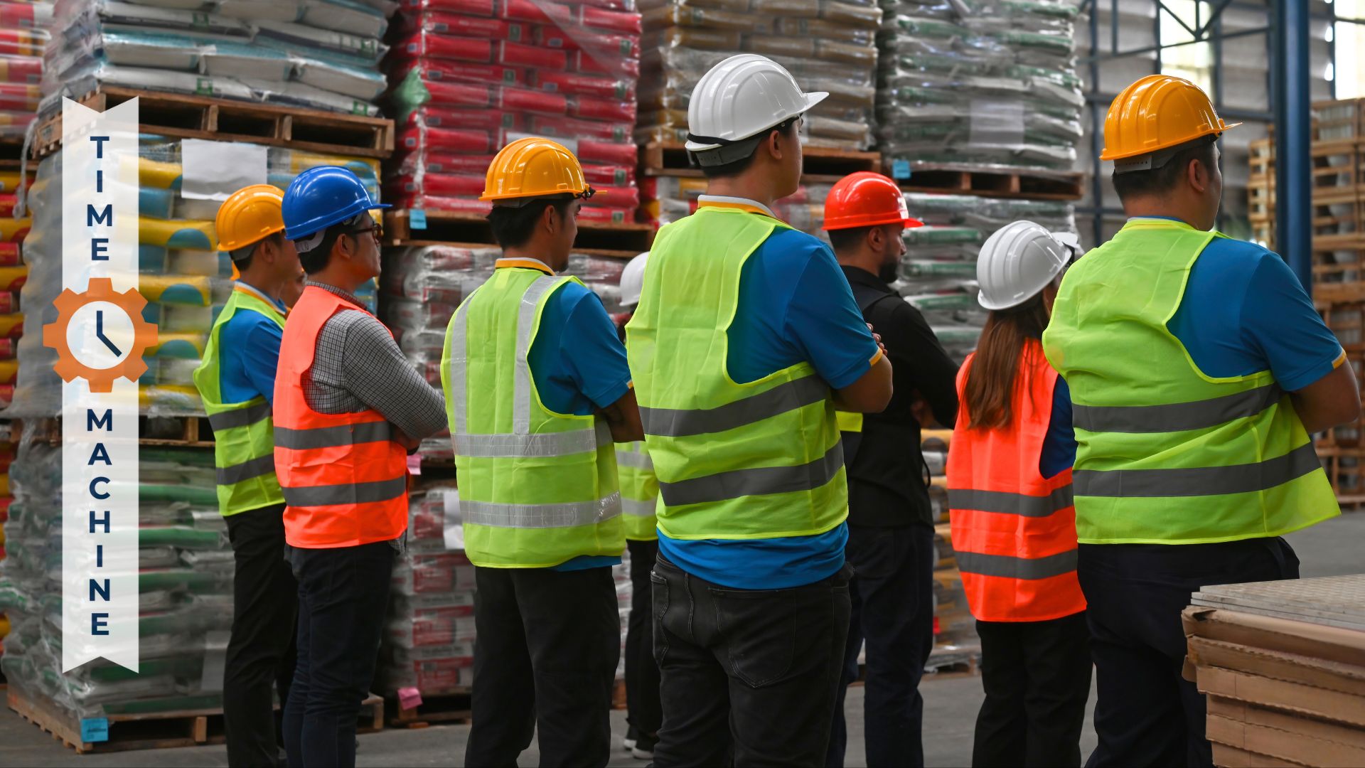 View of a group of workers in safety vests and hard hats from the back.